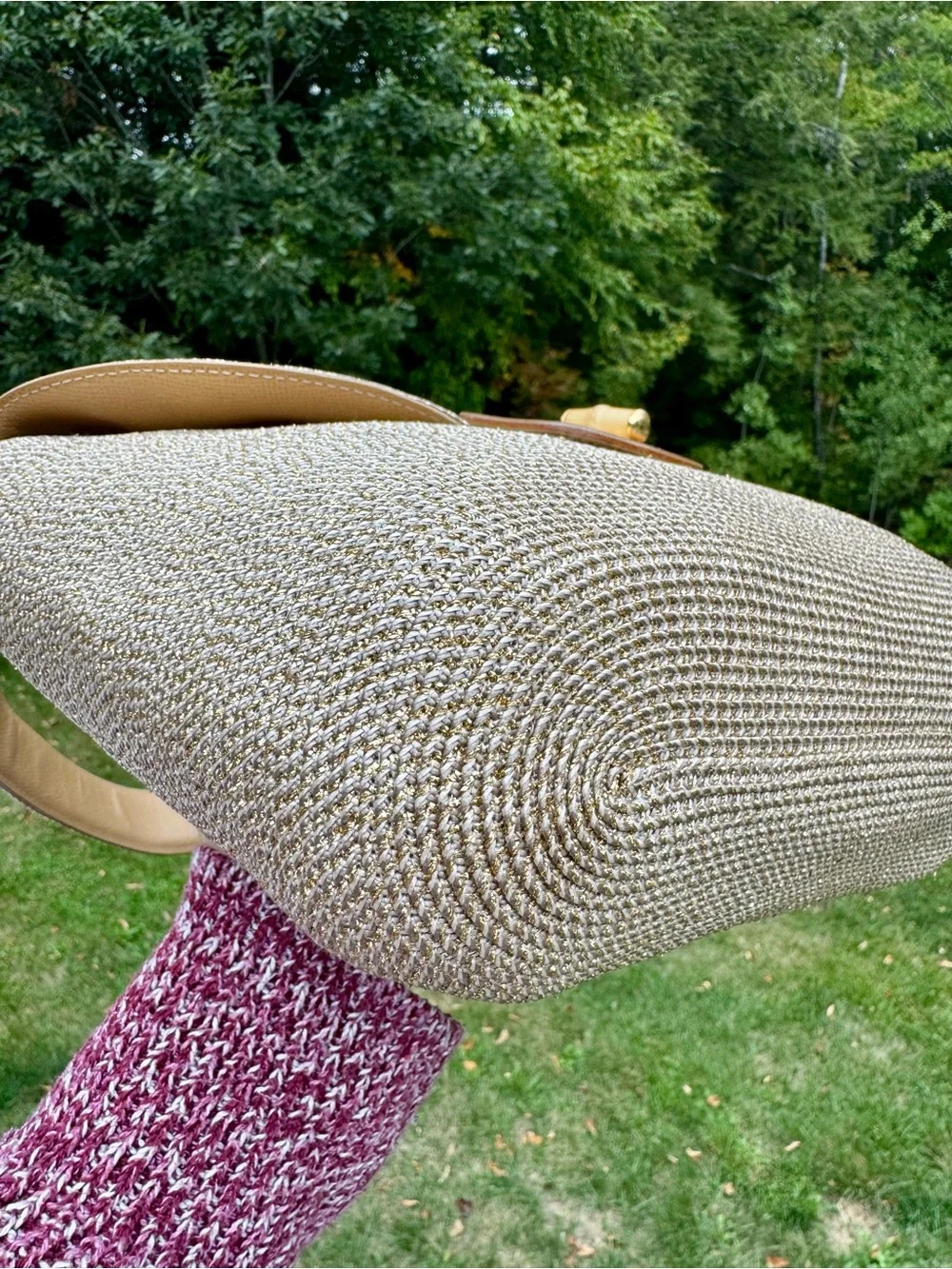 Eric Javits Woven Shoulder Bag with Gold Turn-Lock in Taupe